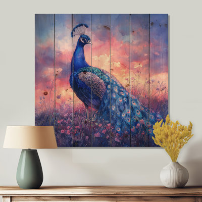 Paon dans un champ de lavande II - Décoration murale en bois d'oiseau - sur bois de pin naturel