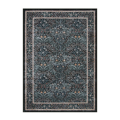 Vintage Floral Washable 5X7 Black Indoor Area Rugs for Living Room Bedroom, Boho Non-Slip Forest Carpet Rug for Entryway