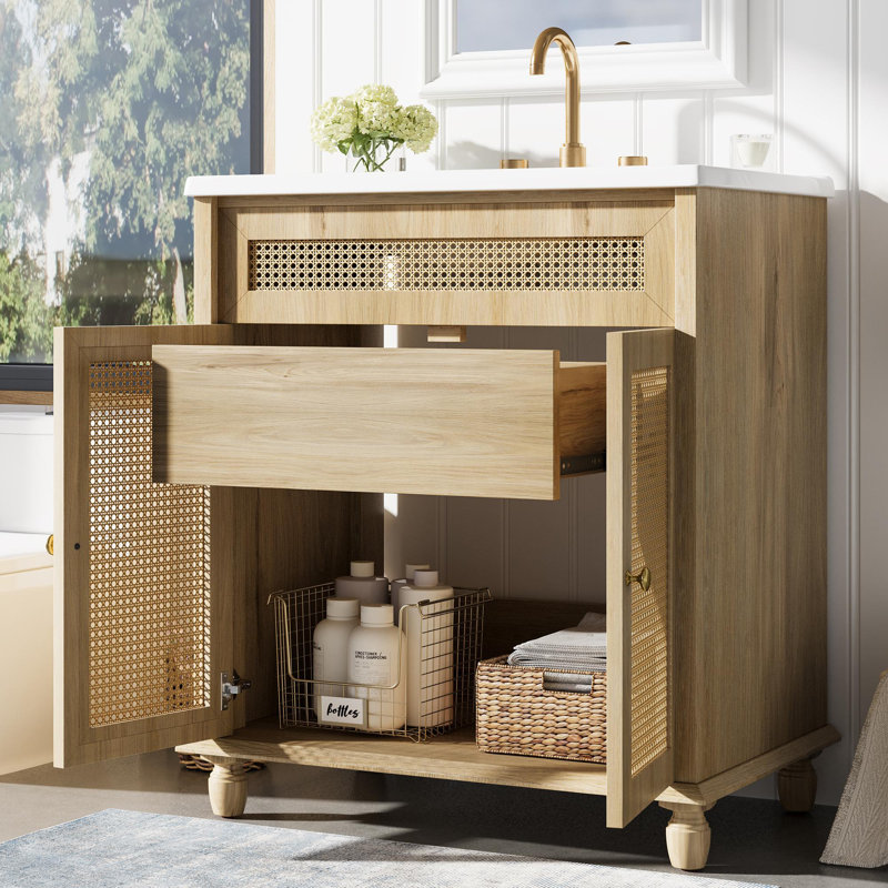 Meuble-lavabo de 30 po avec lavabo en résine, Bois naturel