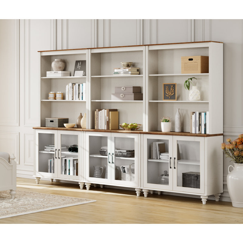 Scarlett 72.1"H X 101.6"W Bookcase With Doors Set Of 3, 5 Tier Bookshelf, Tall Book Case Shelf With Glass Storage Cabinets, Large Wood Bookcases Farmhouse Bookshelves For Living Room Bedroom Home Office Kitchen