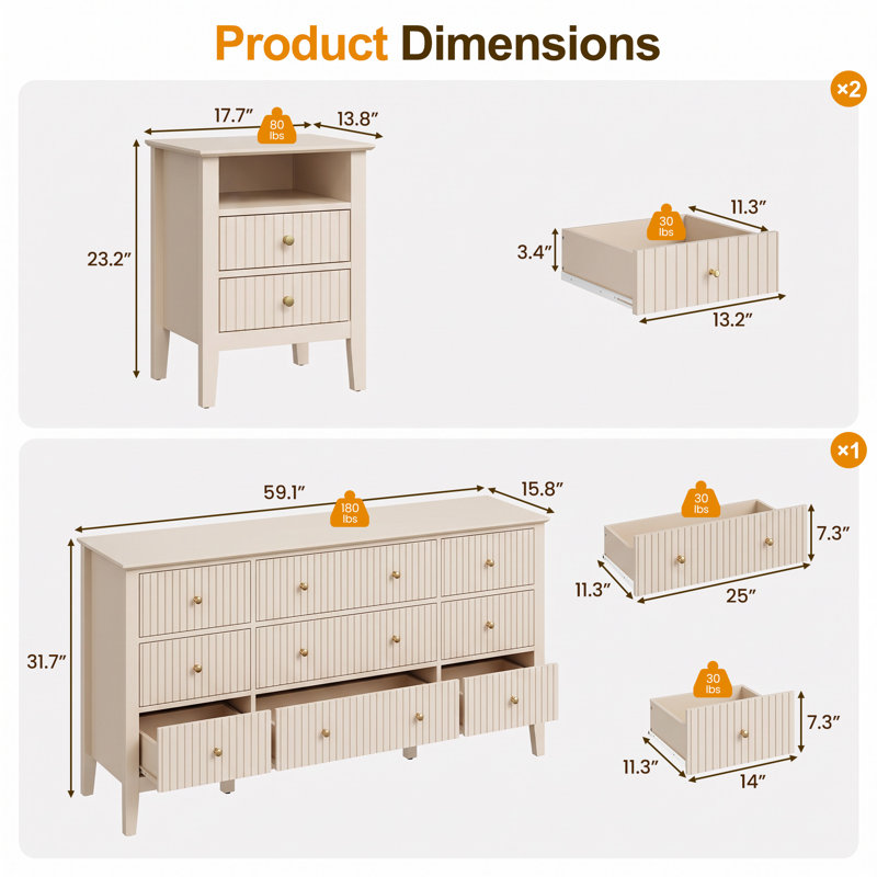 Ensemble de chambre à coucher 3 pièces avec commode 9 tiroirs et deux tables de chevet 2 tiroirs Amberrae, beige, Beige