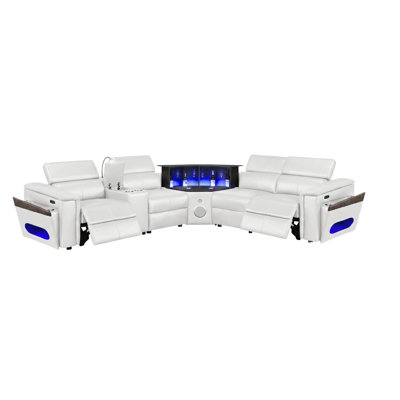 L-shaped White 4 Sectional, Faux Leather Upholstery, Wood Frame, Medium-firm Seat, 2 Power , Manually Adjustable Headrests, Wireless Charging Pad, Ports, Speaker, Led-lit Bar, Armrest Storage 4