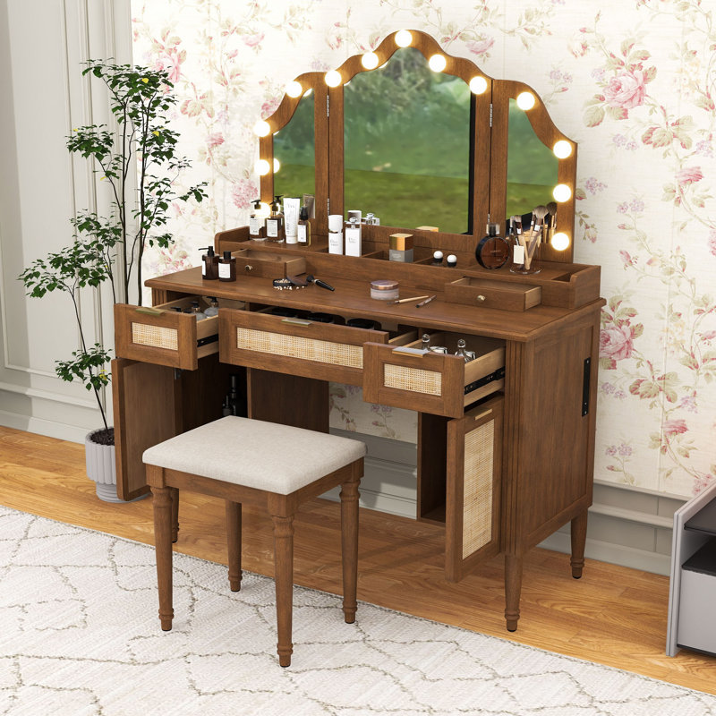 Makeup Vanity Desk with Tri-Fold Mirror, LED Bulbs, Cabinets, Charging Station and Stool, Espresso