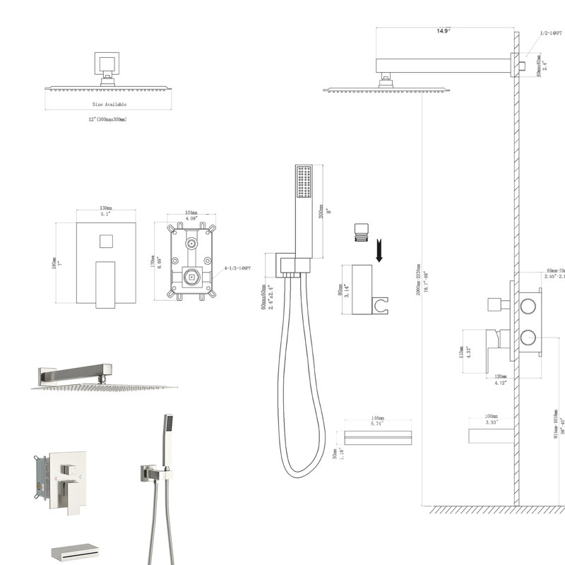 Système de douche mural en nickel brossé de 12 po avec bec de baignoire en cascade. 3 douches: pomme de pluie, douchette. Installation et nettoyage faciles. Comprend un bras, une douchette, un tuyau, un support, une valve