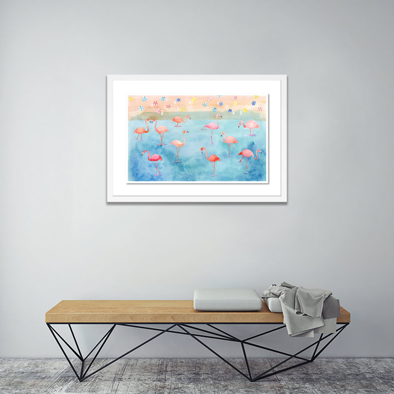 Flamingo Beach Painting by Jess Engle, 17" H x 24" W x 1.5" D, White
