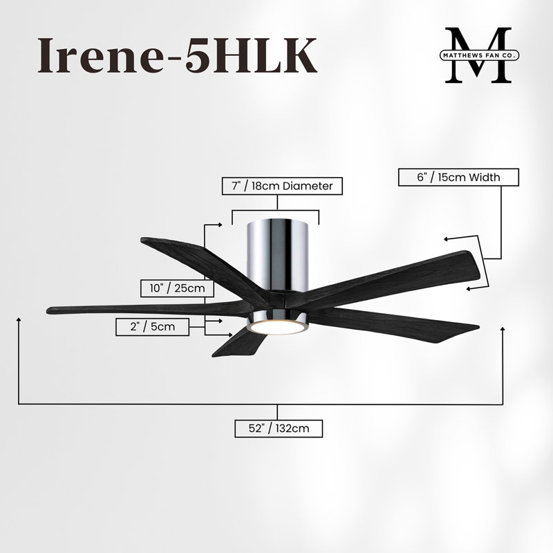 Irene Flushmount Light Kit 5 Blade LED Ceiling Fan, Polished Chrome, Matte Black, 52"