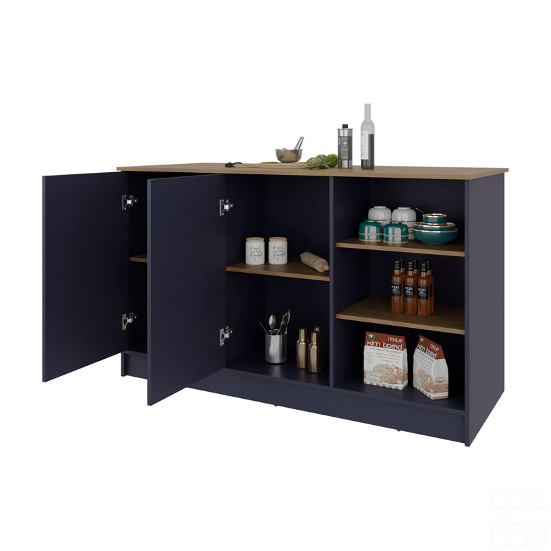 Îlot de cuisine H 35,7 po, 2 portes, 7 tablettes, Bleu / Naturel