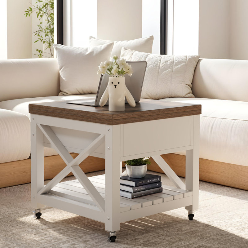 2-Tier Farmhouse Coffee Table with Lift-Top and Lockable Wheels