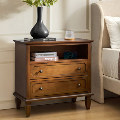 Amberlyn 28.2''W Traditional 2-Drawer Nightstand with Charging Station and Solid Wood Legs and Open Shelf