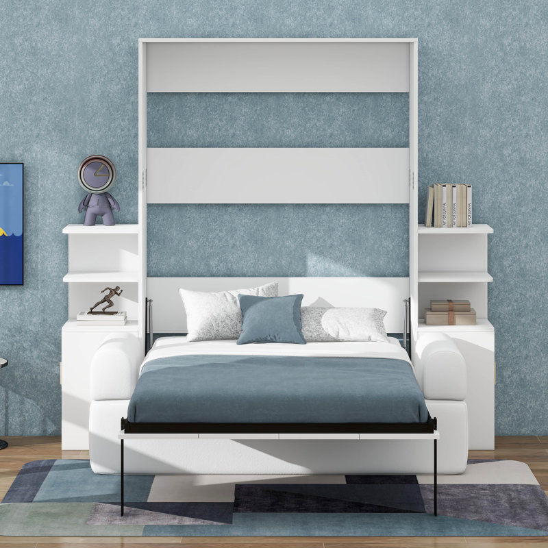 Full Murphy Bed With Couch And Storage Shelves,Wood Murphy Wall Bed Cabinet With Storage Shelves And Sofa, White