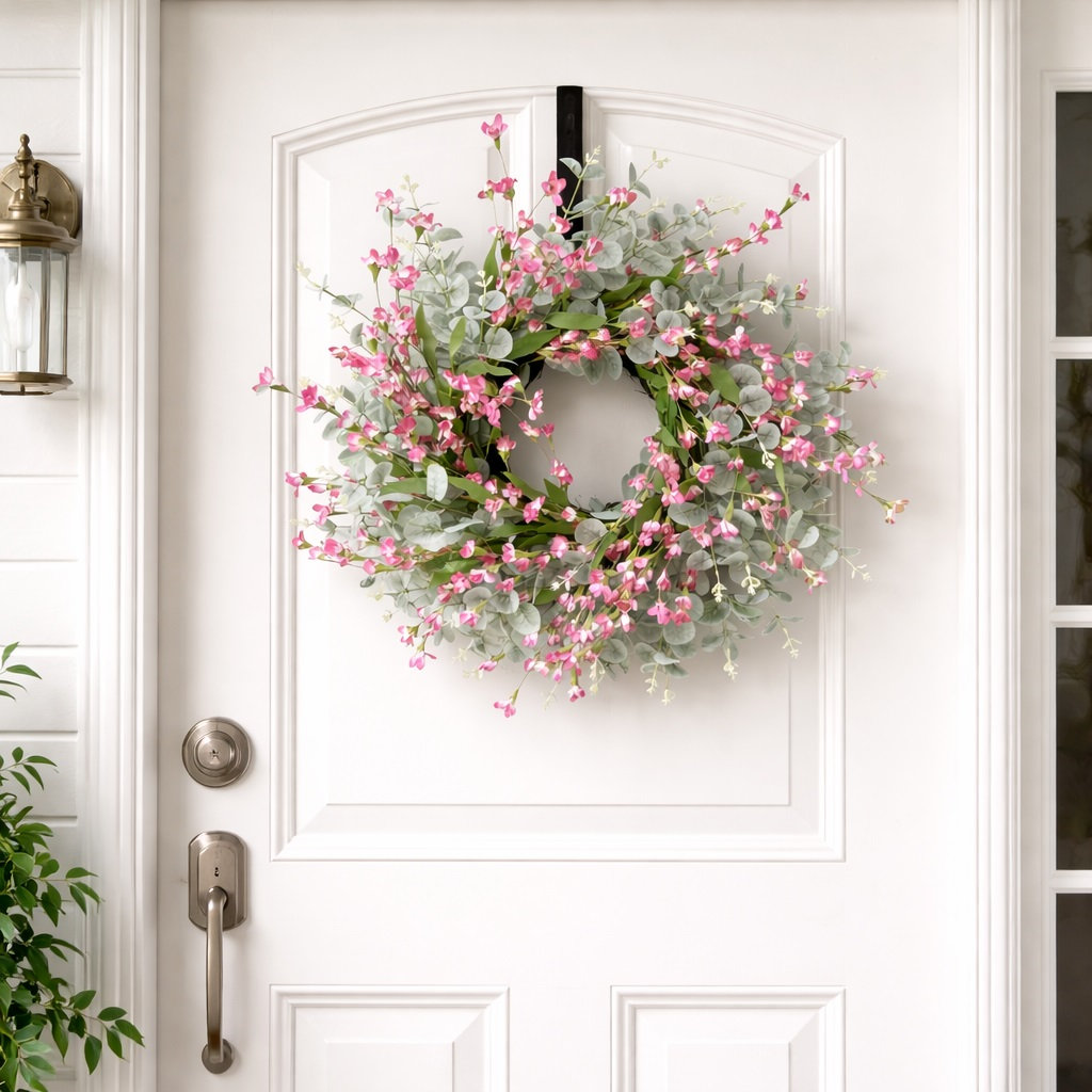 24" Artificial Farmhouse Spring Summer Greenery Eucalyptus Blossom Cluster Wildflowers Floral Wreath For Front Door Wedding Party Wall Decor