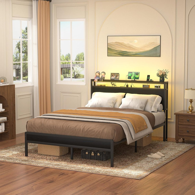 Jaquaya Storage Bed with Headboard, LED Lights and Charging Station, Black, Full / Double