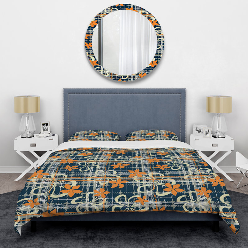 Orange Flowers Patchwork Polyester Floral Duvet Cover, King Duvet Cover + 2 King Shams