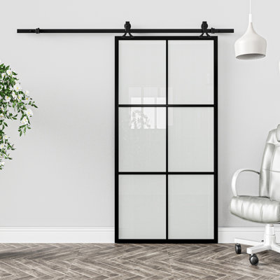 Porte de grange coulissante en aluminium et verre dépoli noir à 6 carreaux, 42 po x 84 po, avec trousse de quincaillerie d'installation