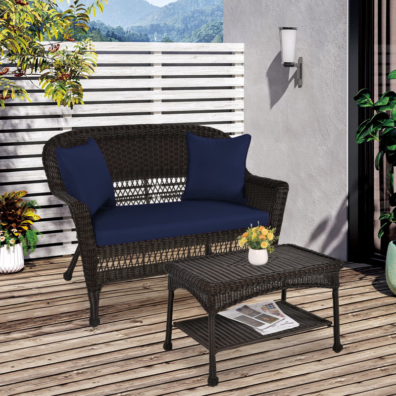 Nathanael 2 - Person Patio Conversation Set with Cushions, Espresso, Blue