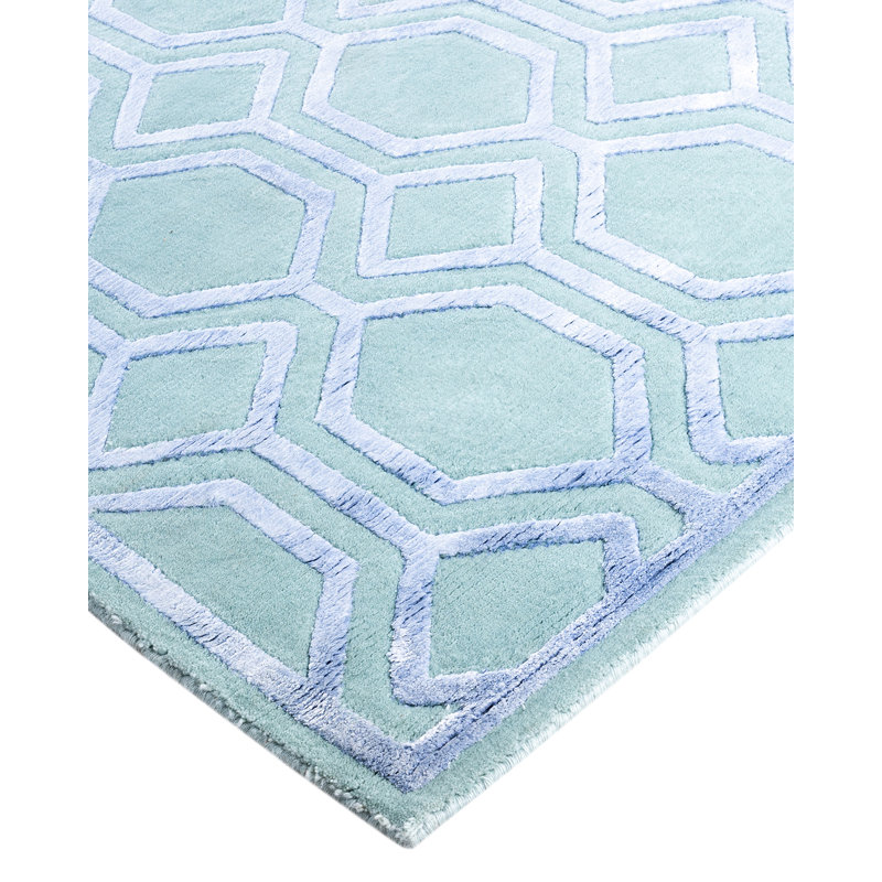 Hand-Knotted Green Wool and Silk Rectangular Area Rug