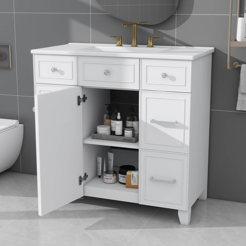 Meuble-lavabo 36 po avec lavabo en céramique durable, portes à fermeture en douceur, tablettes flexibles et tiroirs spacieux