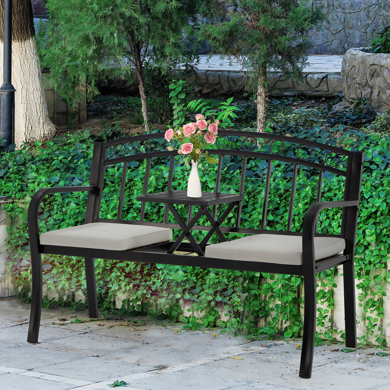 Black Metal 2-Seat Outdoor Bench with Pullout Table and Cushions