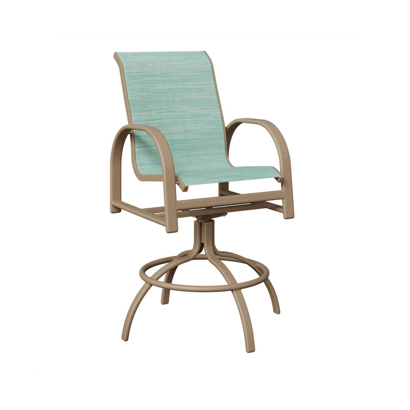 Chaise de bar pivotante en aluminium et chêne Cazares, Chêne veiné de bois, Paysage marin