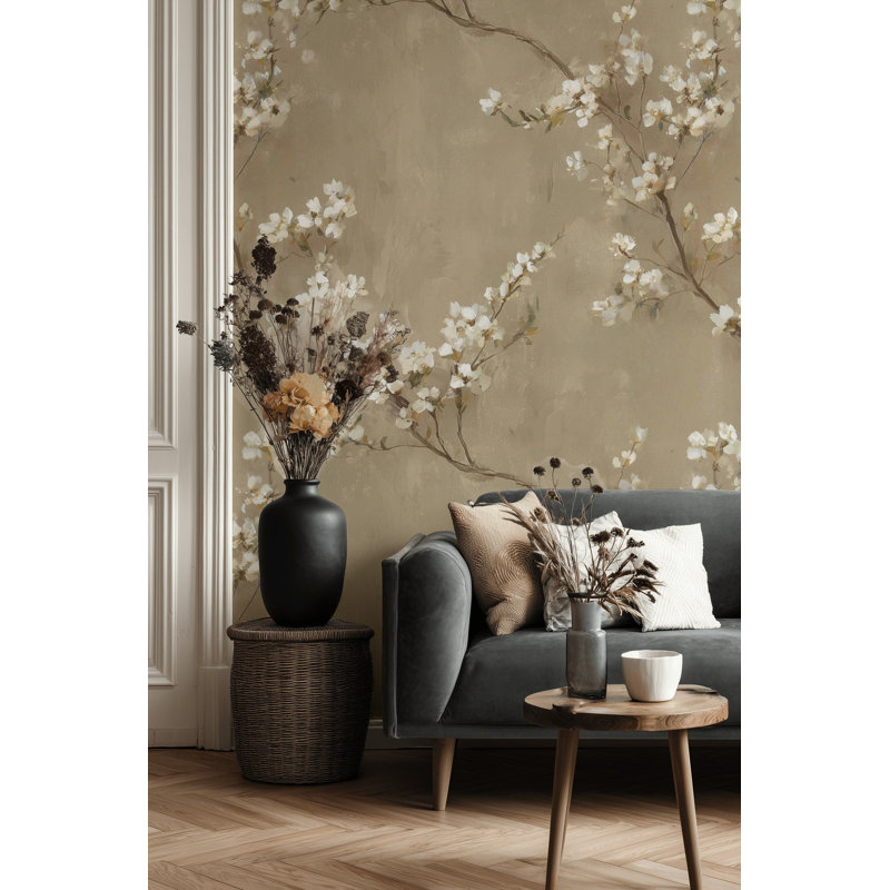 Papier peint floral beige à motif floral pelez et collez