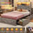 Farmhouse Wood Bed Frame with Bookcase Storage Headboard, 5 Drawers & LED Lights, Grey Wooden Platform Bed with Charging Station, Barn Door Design, No Box Spring Needed-400191161-370782390