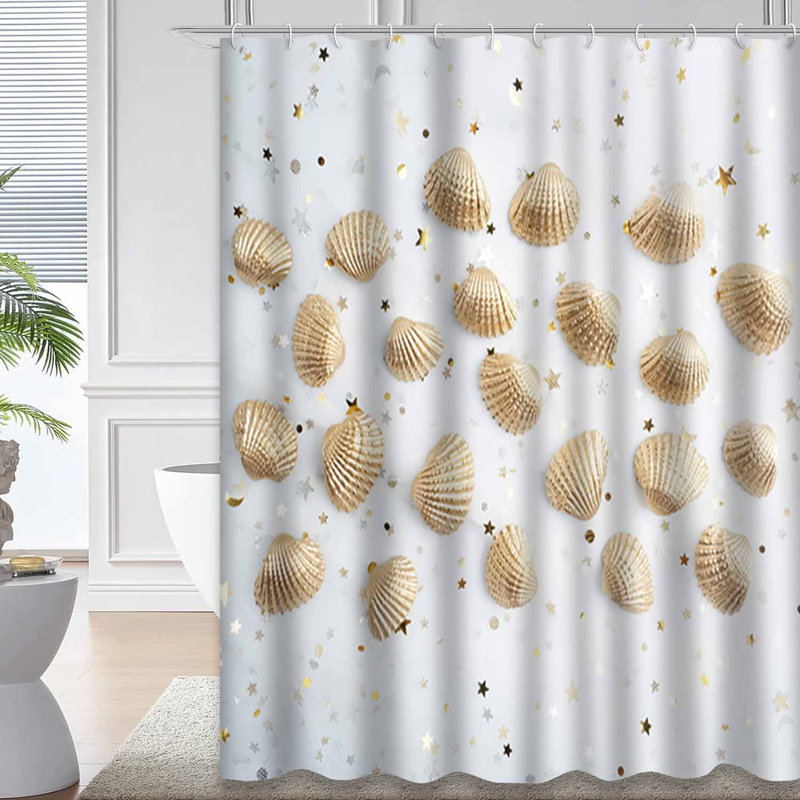 Rideau de douche Gold Shell White Gold Shells Starfish Conch, L 72 po x l 84 po