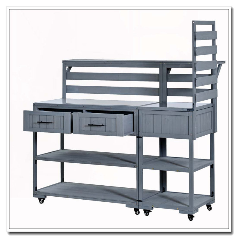 62.3'' Patio Kitchen Island Solid Wood Kitchen Cart with Stainless Table Top, Gray