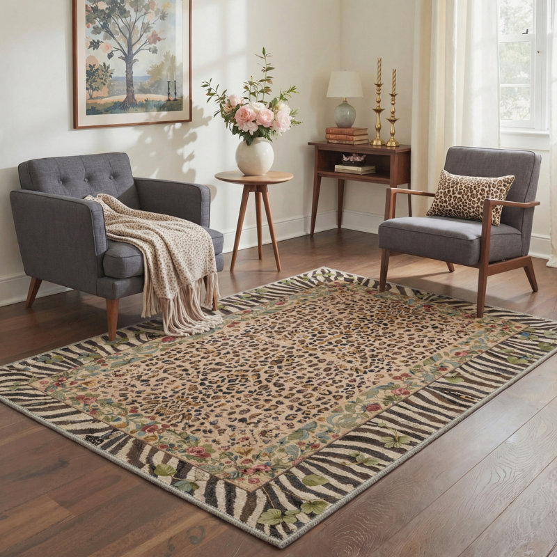 Liora Boho Leopard Floral Machine Washable Brown / Green / Beige Indoor Area Rug with Non-Slip Backing, Round 5'