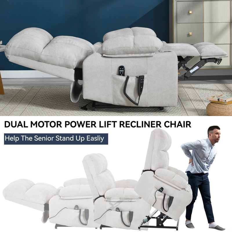 Dual Motor Infinite Position Up To 350 Lbs Chenille Power Lift Recliner Chair, Beige