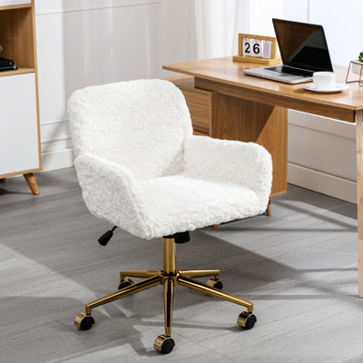 Fauteuil en velours beige pour bureau et chambre, en laine d'alpaga artificielle, base de 320 mm, inclinaison à 40°, pivotant et réglable avec structure métallique dorée, grande inclinaison à 40°.