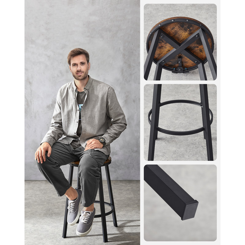 Bar Stools Kitchen Stools Set Of 2 High Back Bar Stools Steel Frame 62.5Cm High Seat Easy Assembly Industrial Rustic Brown And Black