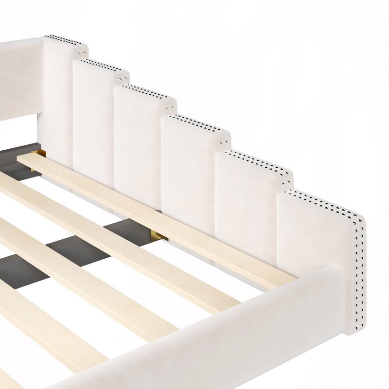 Lit de jour rembourré avec cadre de lit plateforme en velours à garniture cloutée, aucun sommier tapissier nécessaire, Beige
