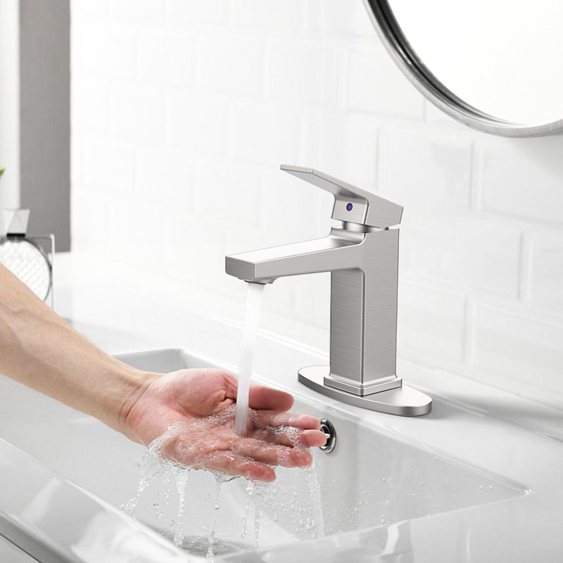 Robinet de salle de bain de style moderne en nickel brossé - montage sur comptoir à 1 poignée, écoulement doux et robinet stable monté sur trou pour économiser l'eau, contrôle facile du débit, finition grattée