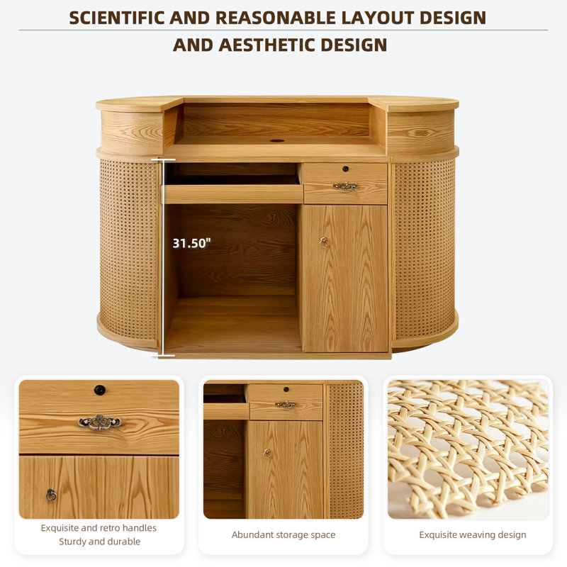 Vintage Reception Desk with Storage, Multi‑Use Front Counter for Office, Retail, Business and Check‑In Area, Natural Wood