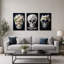 Ensemble de 3 toiles murales pour l'Halloween, motif de crâne floral blanc sur fond sombre-1284625015