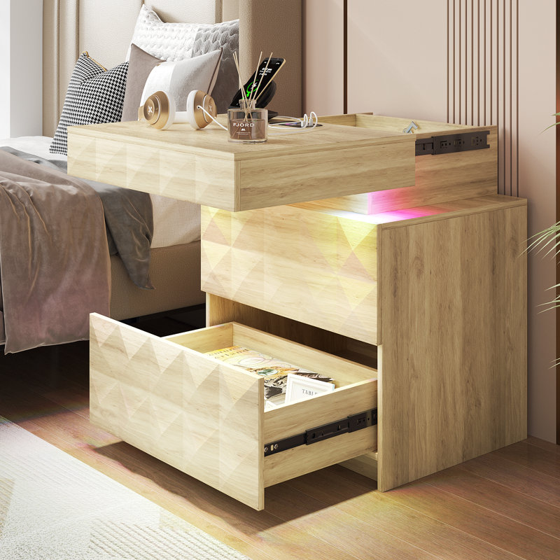 Diamond-Textured 2 - Drawers Bedside Table with Hidden Storage and Lockable, Modern Nightstand with Human Sensor Light, Oak
