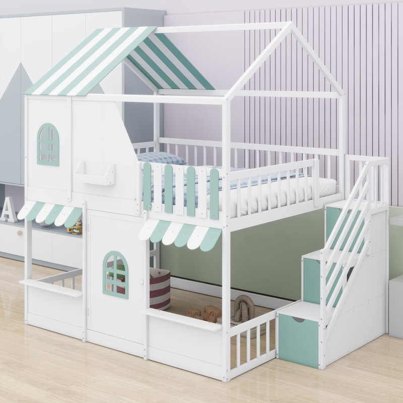 Lit superposé Fun Playhouse avec tablettes intégrées et rangement pour escalier, White+Mint Green
