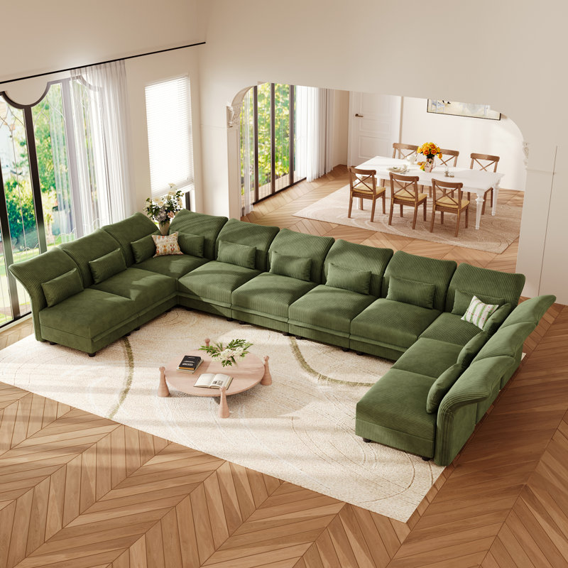 U-Shaped Upholstered Modular Sectional Sofa With Storage, 10 Seat  Corduroy  Couche With Adjustable Arms Backs,Plush Supportive Cushions, Green