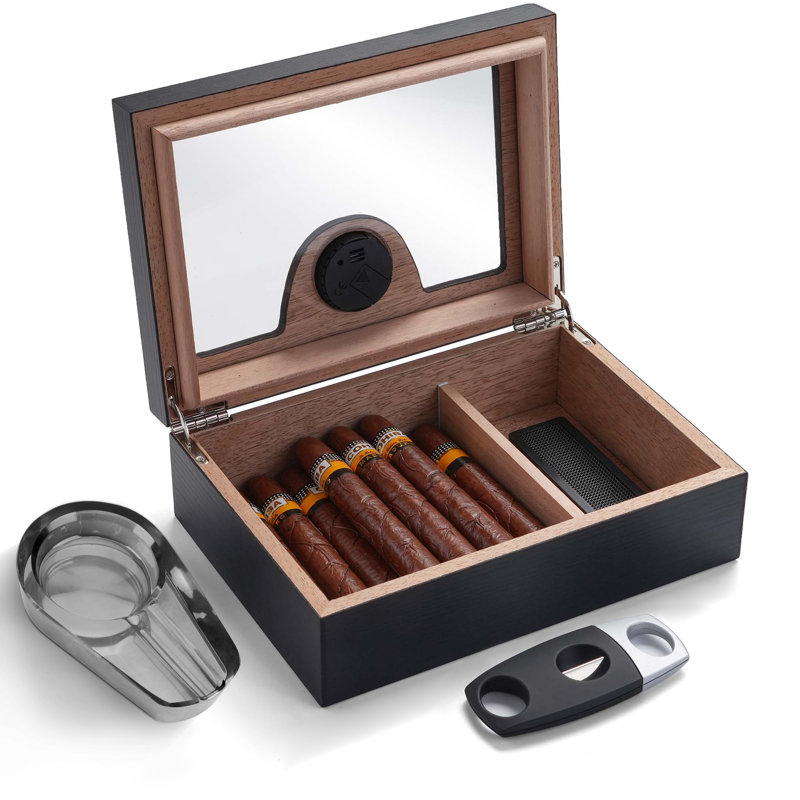 Cigar Humidor Box for 25 Cigars with Digital Hygrometer, Humidifier, Cutter, Ashtray, Lighter