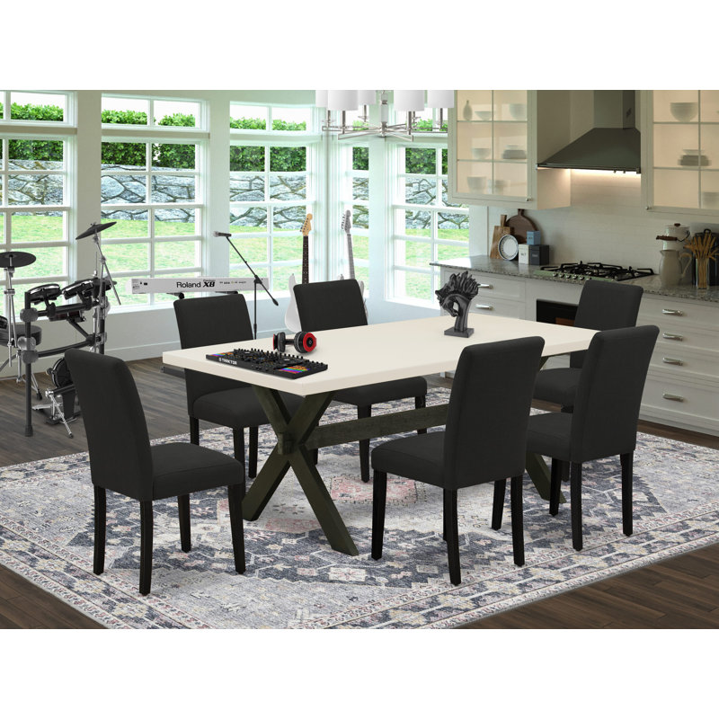 7 Piece Dining Room Furniture Set Consist of a Rectangle Dining Table with X-Legs and 6 Black Color Linen Fabric Upholstered Chairs, Wire brushed Black