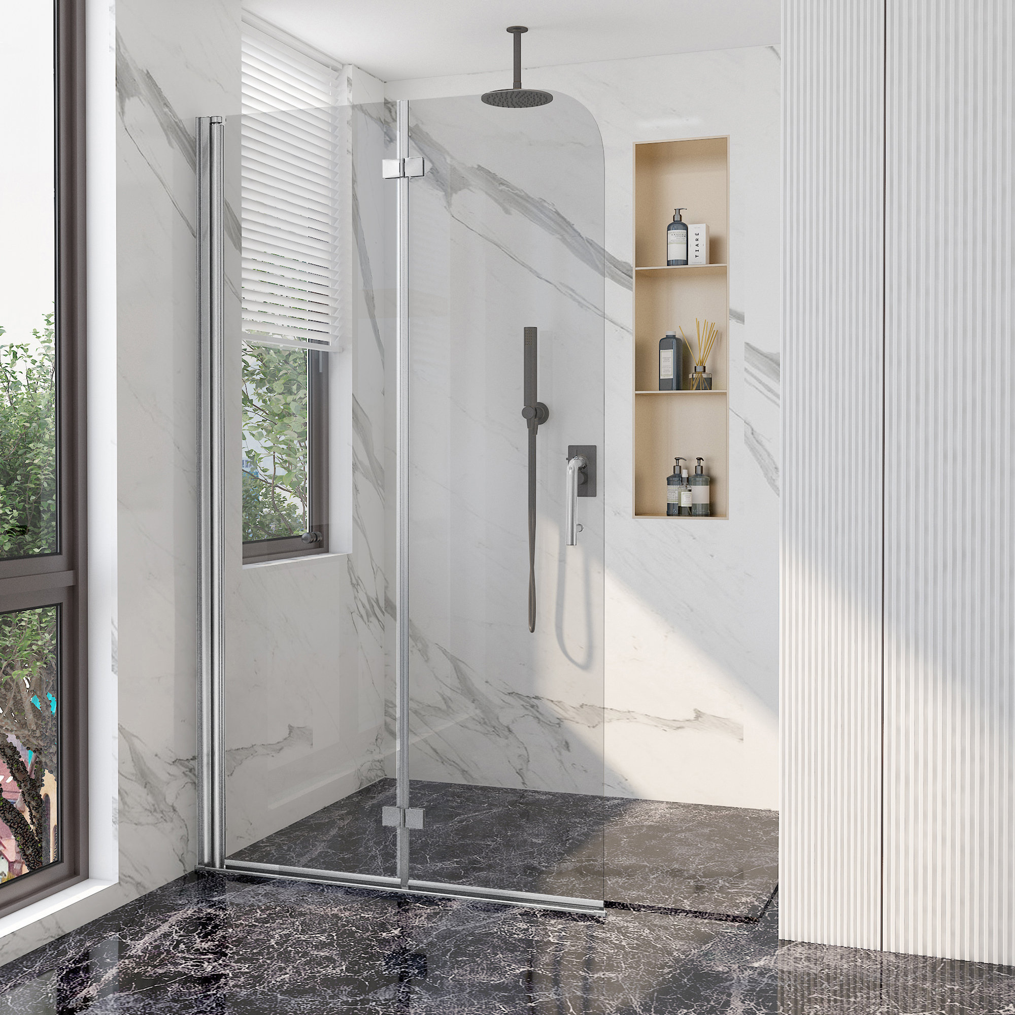 MEDUNJESS 34'' W x 72'' H Bifold Frameless Glass Folding Frameless Shower  Door | Wayfair, image size:2000x2000