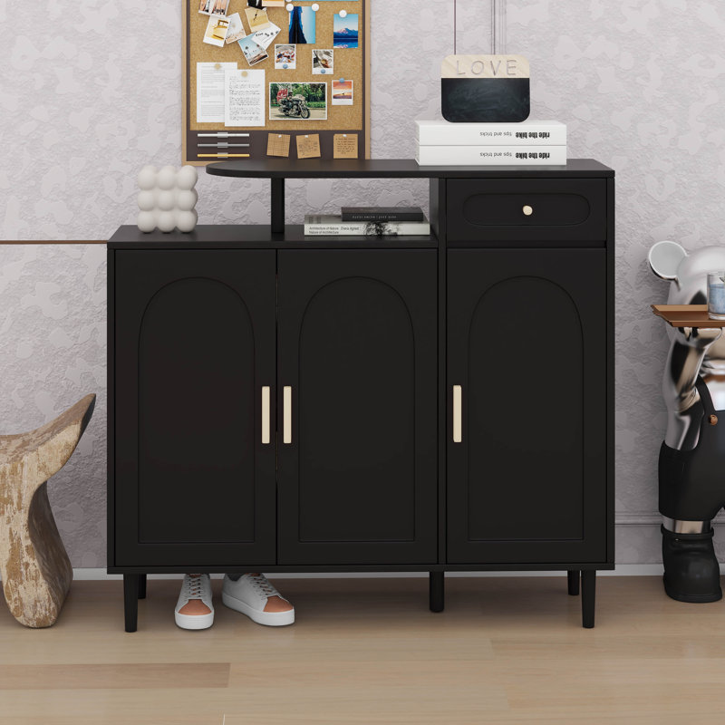 Armoire à chaussures élégante avec tablettes réglables, portes arquées et tiroir, Noir