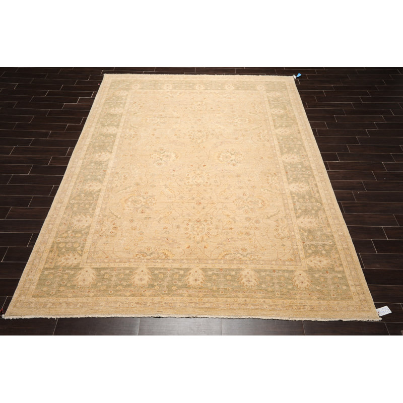 Tapis beige en laine noué à la main de conception unique 9 pi x 11 pi 9 po Haskel