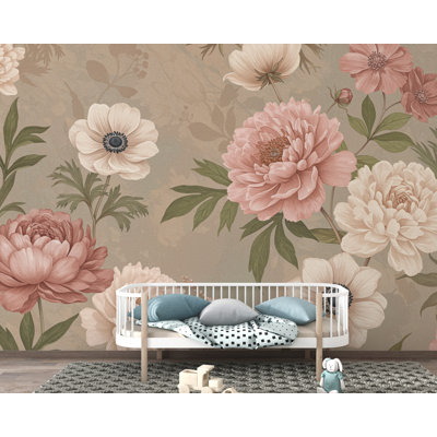 Oversized Floral Wallpaper Mural, Botanical Garden Wall Art, Peony and Anemone Flowers, Dusty Pink Neutral Floral Decor, Hand Painted 