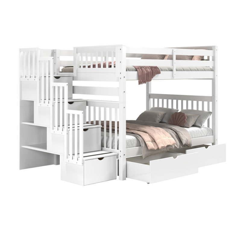 Tena Solid Wood Standard Stairway Bunk Beds Full over Full, 4 Drawers in the Steps, 2 Under-Bed Drawers, White, White