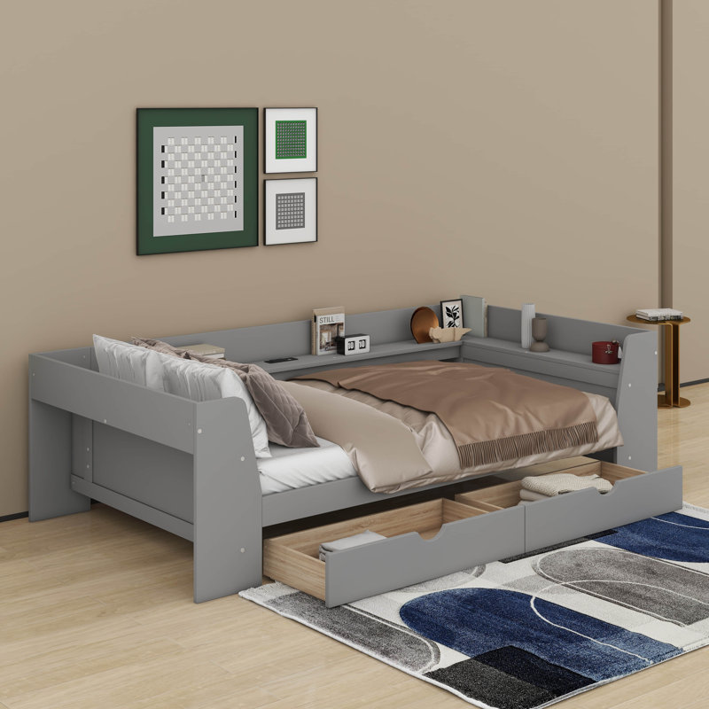 Lit de jour simple avec tablettes, tiroirs et station de charge, Gris