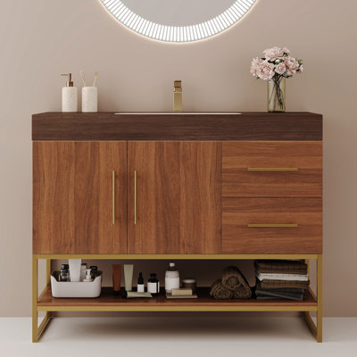 Meuble-lavabo de 91 cm avec lavabo intégré, fini doré et tiroirs spacieux - Montage facile - Accents contemporains, surface en pierre frittée, bonde réglable - Idéal pour l'organisation