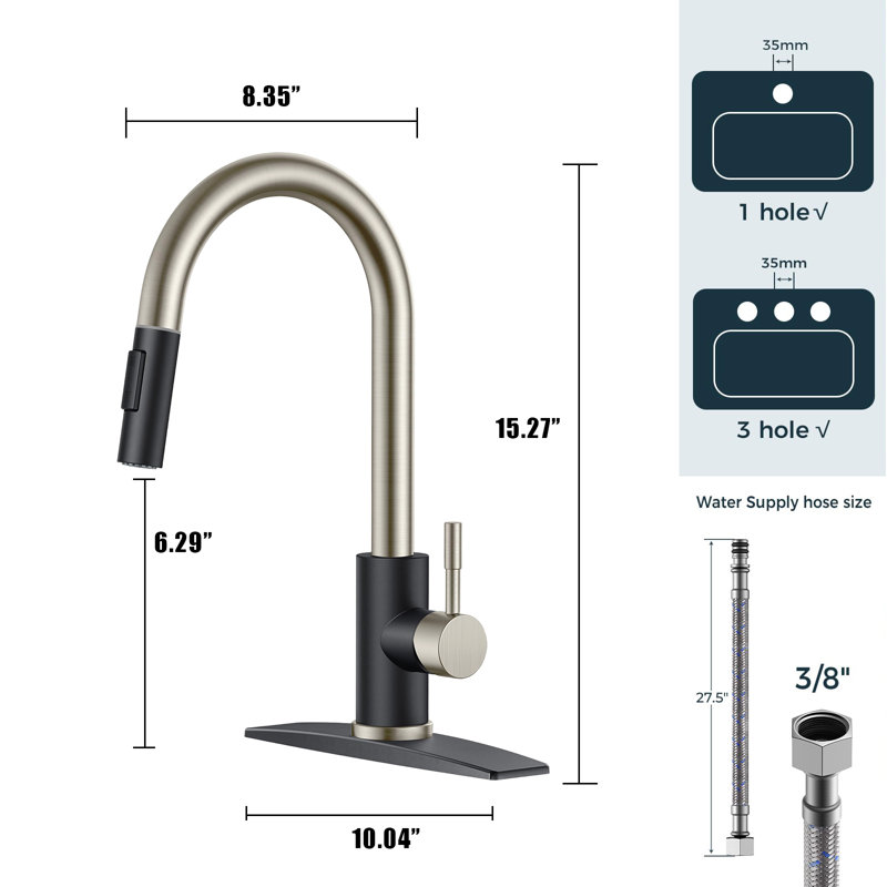 Stainless Steel Kitchen Faucet With Pull-Down Sprayer, High Arc Modern Classic Faucet With Deck, Suitable For 1 Or 3 Holes