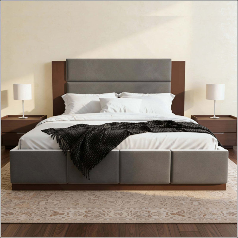 Structure de lit plateforme tapissier avec tête de lit en bois allongée, lit moderne avec base en bois, aucun sommier tapissier requis