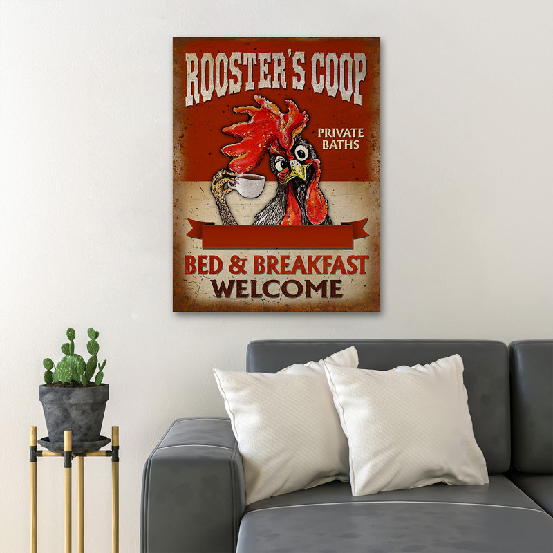 Un coq tenant une tasse de café - Coq, salle de bain privée, lit et petit-déjeuner - 1 reproduction d'art graphique sur toile tendue
